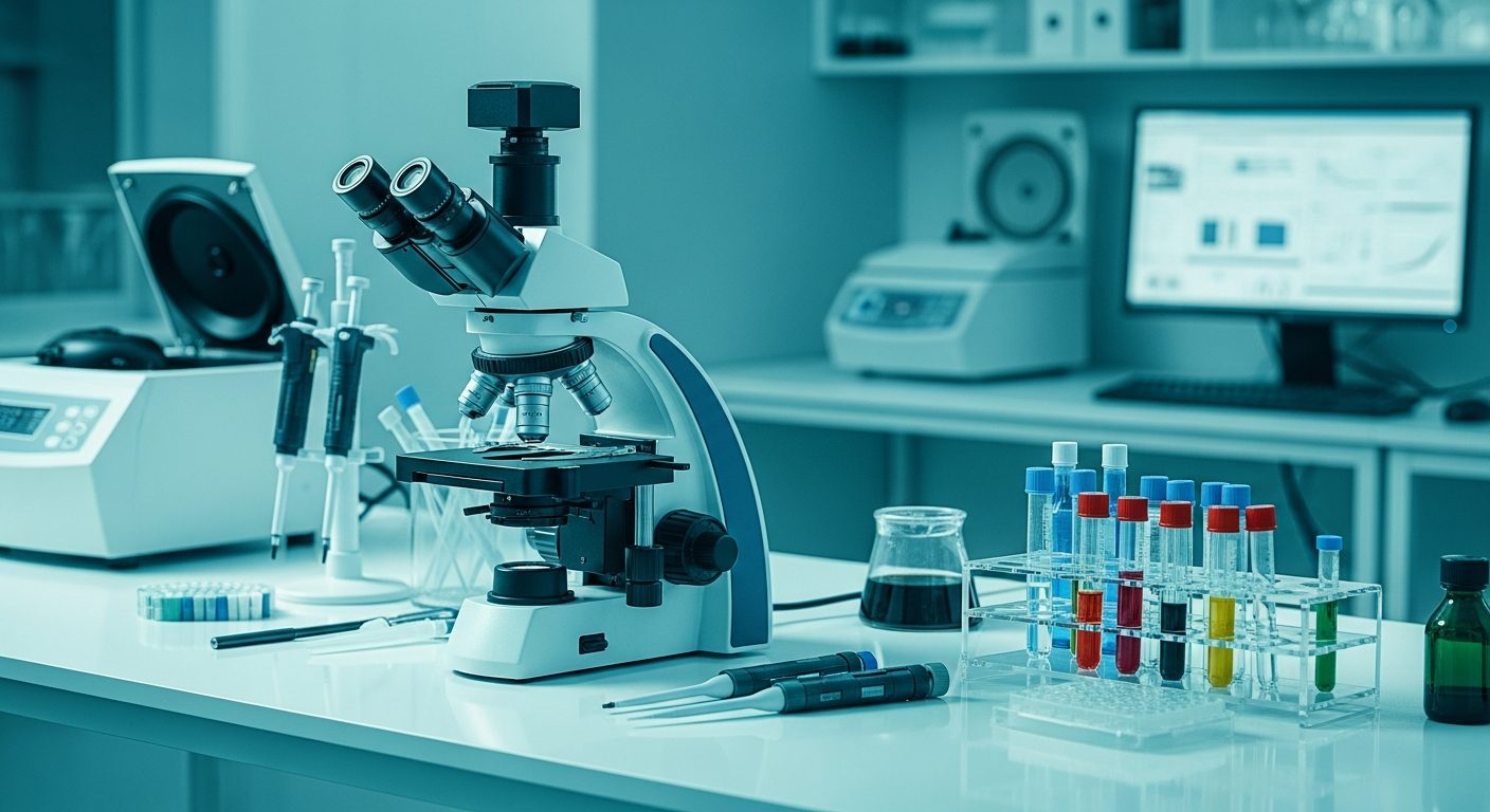 Laboratorio veterinario moderno con microscopio y tubos de muestra