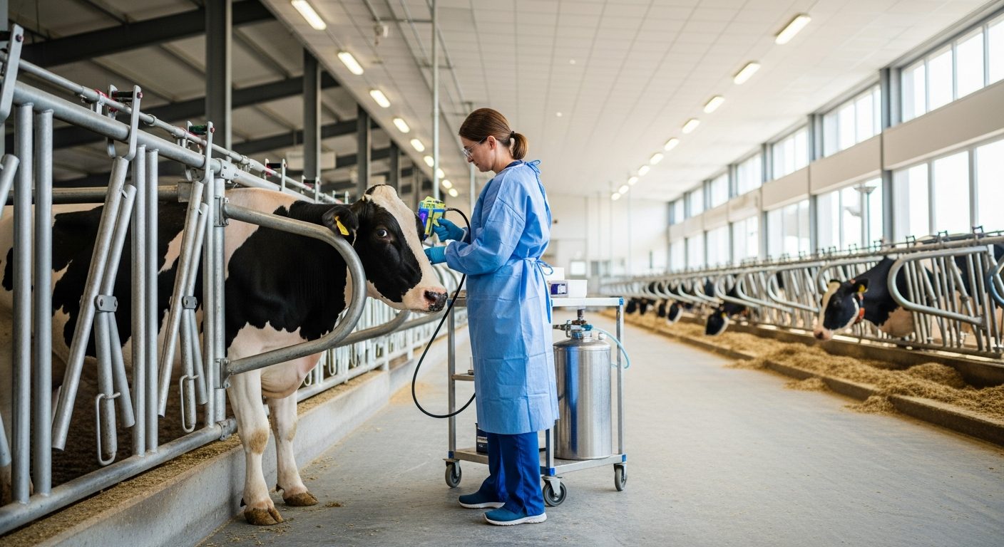 Veterinario con ganado en establo moderno