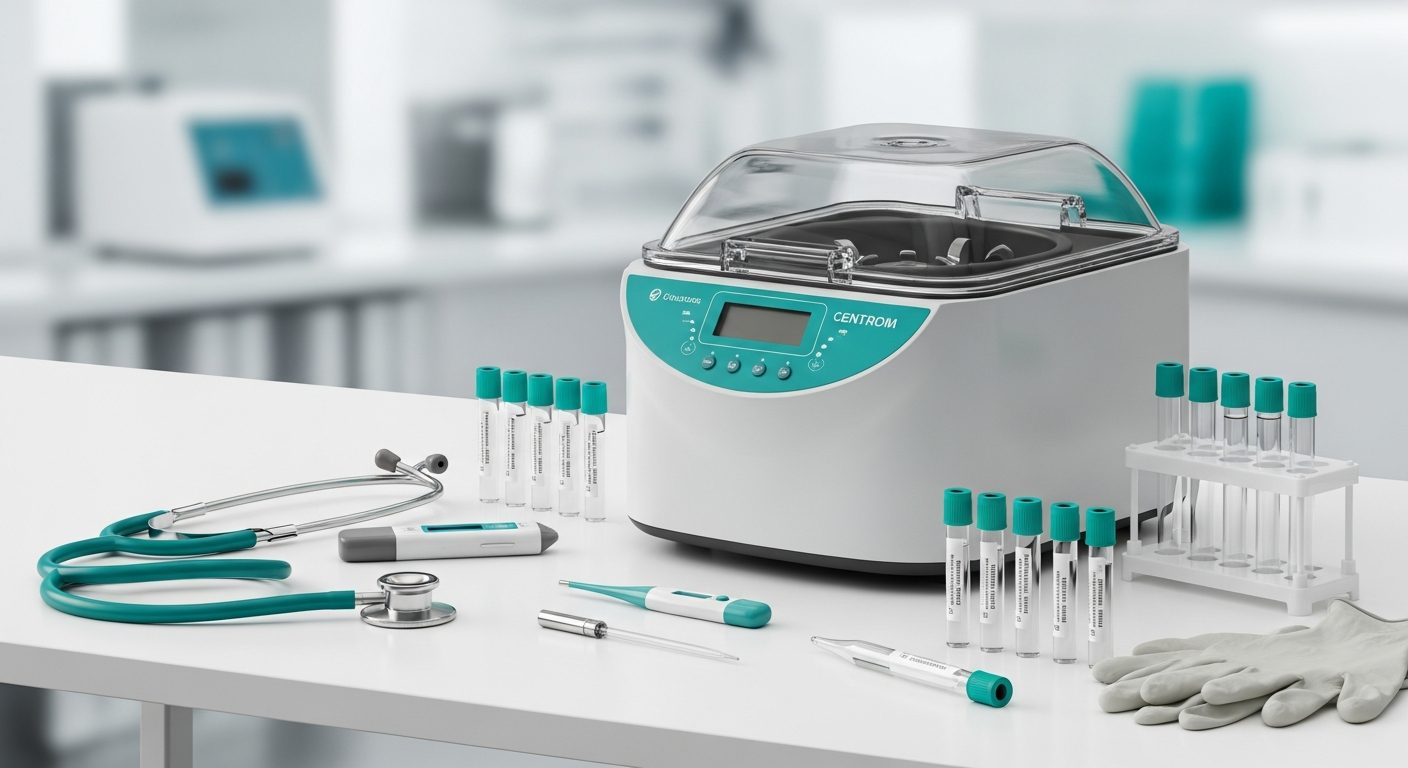 Centrífuga e instrumentos médicos en clínica esterilizada